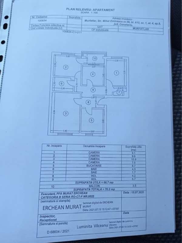 Apartament 4 camere, decomandat, 70 m  - in fața liceului