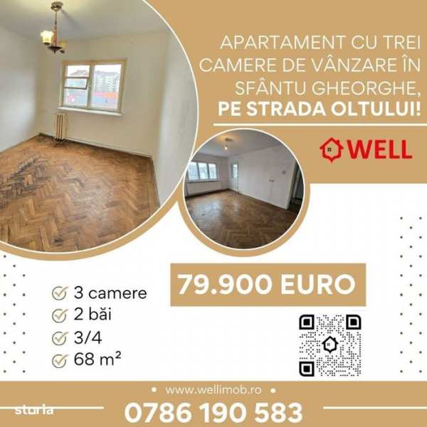 Apartament cu trei camere de vânzare în Sfântu Gheorghe, Str. Oltului