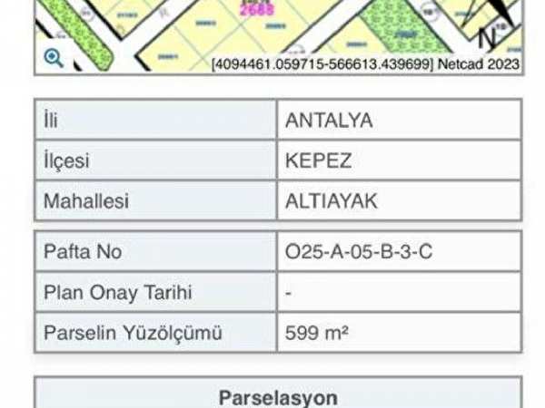 Varsak şelalede 599 m2satılık imarlı arsa