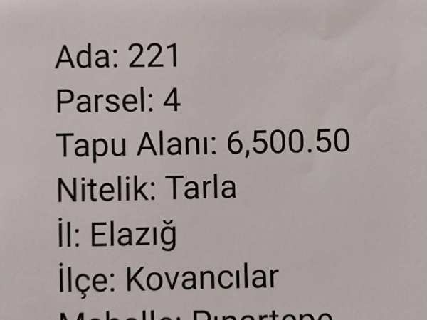 Sahibinden satılık elazığ kovancılar i̇lçesi'nde'da pınartepe'de 6,500.5 m2 tarla